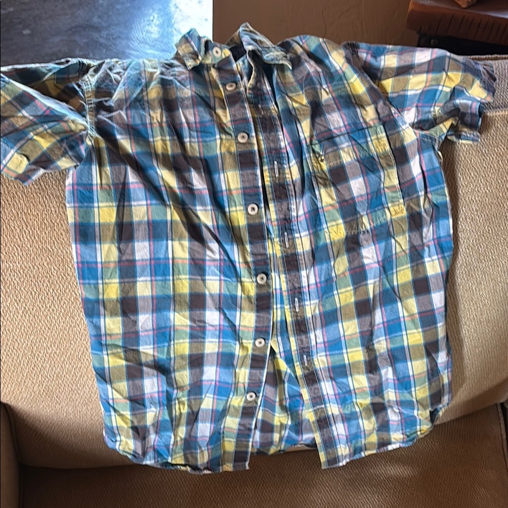 Blue and Yellow Casual Button Down Shirt with Plaid Pattern American Eagle